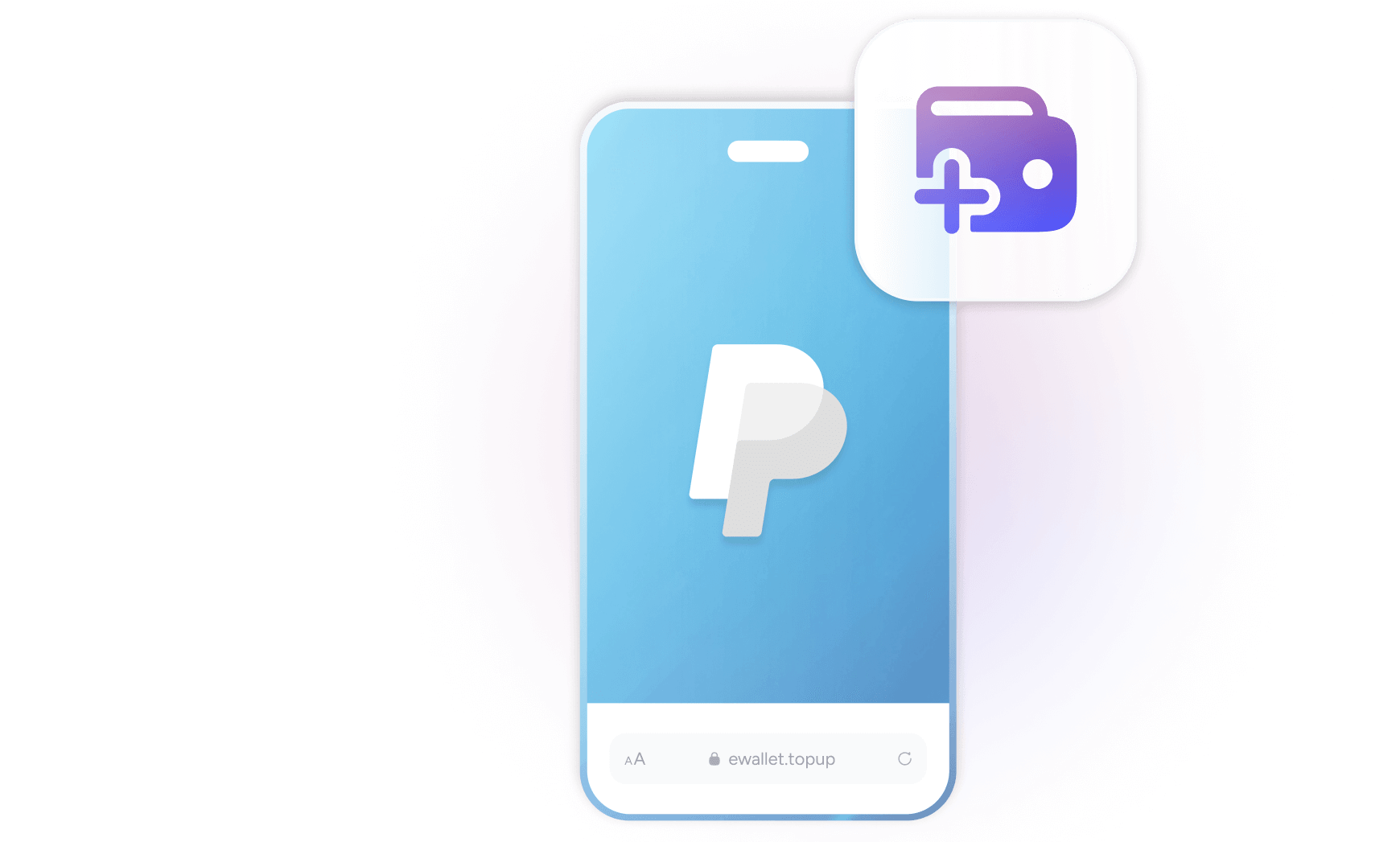 PayPal logo on a smartphone screen with an 'Add Wallet' icon, representing e-wallet top-up functionality